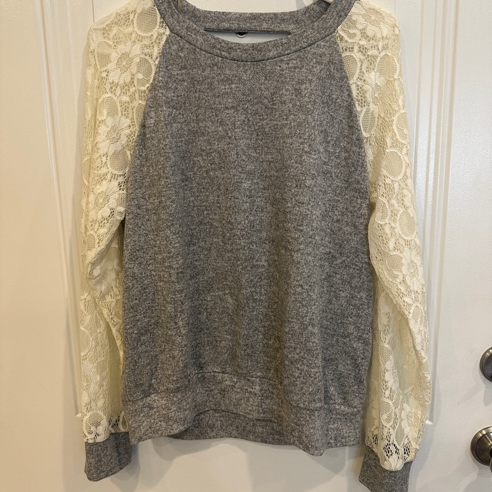 Charming Charlie Gray and Cream Lace Sleeve Top